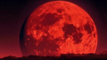 Aufkleber - Surreal imagery captures a massive red moon rising over the horizon of an alien planet, illuminating the eerie landscape with a glowing, otherworldly light against a dark sky
