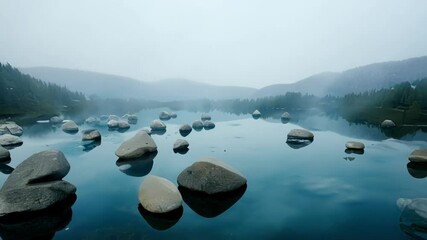 Aufkleber - Fog hangs over a mountain lake, creating a surreal atmosphere. The same scene repeats, with rocks seemingly multiplying on the lake's surface