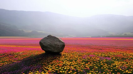 Poster - Sunlight illuminates a surreal landscape with a rock sitting in a field of colorful flowers and misty mountains in the background