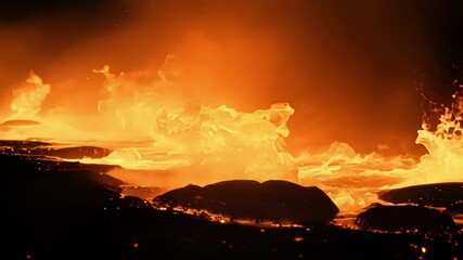 Poster - Surreal molten lava flows in vibrant shades of orange and yellow across a stark black rocky landscape, showcasing the raw power and beauty of nature's volcanic forces