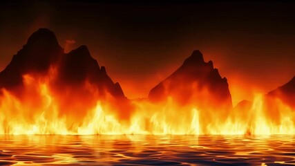 Aufkleber - Surreal flames engulf mountains, casting a mesmerizing reflection on the water's surface. An ominous atmosphere emerges, highlighting themes of destruction and climate change