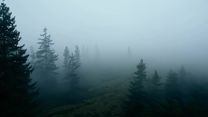 Aufkleber - Fog slowly envelops a surreal mountain forest, revealing the majestic tops of evergreen trees. A mystical atmosphere fills the air, creating a tranquil and serene landscape