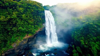 Aufkleber - Mesmerizing waterfall cascades down a lush mountainside, its powerful descent creating a sense of awe and tranquility. The repetition of the image adds a surreal touch to the scene