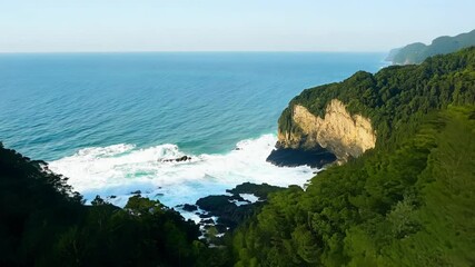 Poster - Lush green forest meets a rocky cliffside where foamy ocean waves crash against the shore. This surreal montage is perfect for any project needing a touch of the strange and beautiful