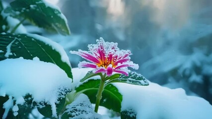 Poster - Vibrant pink flower covered in ice crystals is the focal point of this snowy jungle scene. Palm fronds and ferns peek through the snow in this surreal dreamscape