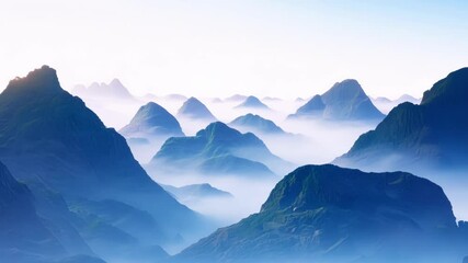 Aufkleber - Surreal landscapes showcase a mountain range transitioning from purple to blue, enveloped in a mysterious fog that blankets the valley, creating an enchanting and tranquil atmosphere