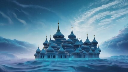 Aufkleber - Blue castle with gold accents is partially submerged in a frozen sea, with subtle shifts in the clouds and lighting creating a dreamlike atmosphere