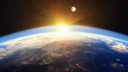 Aufkleber - Stunning view showcases the sun rising over planet earth, with the moon observing from space. This surreal scene captures the beauty of the solar system and its celestial wonders
