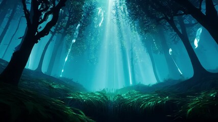 Aufkleber - Surreal light rays shine through a foggy forest canopy, illuminating the scene. White particles float gently in the air, creating a magical and tranquil atmosphere