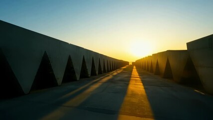 Aufkleber - Sunrise between tall concrete walls casts long shadows on the ground, creating a surreal atmosphere. Abstract architecture showcases striking geometry and modern design elements