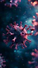 Poster - Microscopic view of virus cells, possibly monkeypox or coronavirus, floating in a dark environment with glowing particles, creating a dramatic and unsettling atmosphere