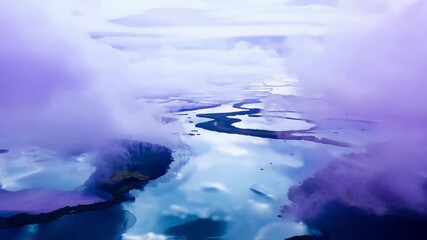 Wall Mural - Surreal aerial views showcase a winding river embraced by vibrant purple clouds, reflecting the sky's hues and creating a mesmerizing, dreamlike landscape