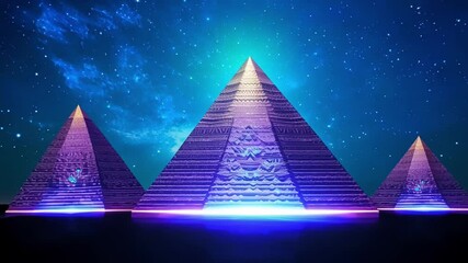 Aufkleber - Surreal imagery showcases glowing pyramids emitting a vibrant light beam beneath the milky way. This futuristic alien concept art evokes mystery and wonder in a cosmic setting