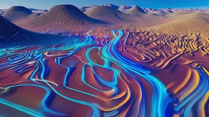 Poster - Luminous blue water flows through a surreal desert landscape, showcasing colorful sand dunes and an otherworldly atmosphere. Vibrant hues create a mesmerizing natural scene