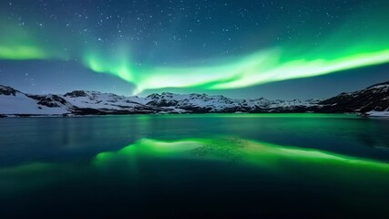 Poster - Surreal green and blue aurora borealis reflecting on the surface of a lake surrounded by snowy mountains and a starry night