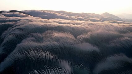 Aufkleber - Surreal grass blankets vast rolling hills, swaying dramatically in the wind as the sun rises over the horizon, casting a golden light across the tranquil landscape