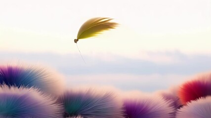 Poster - Colorful feather floats gracefully over a surreal, pastel hued landscape, creating a dreamlike atmosphere filled with tranquility and beauty. Soft, airy textures enhance the serene scene