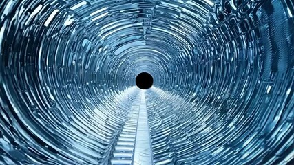 Aufkleber - Camera moving through blue futuristic metallic tunnel with light at end. Perfect for projects related to technology, future, surreal, progress, etc