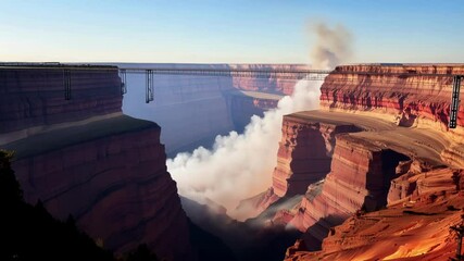 Poster - Smoke rises from a canyon beneath a glass bridge, creating a surreal and dreamlike atmosphere. The sequence of images evokes a sense of wonder and showcases breathtaking natural beauty