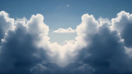 Poster - Bright light shining through symmetrical clouds creates an angelic shape, symbolizing hope, divine intervention, and spiritual serenity in the sky's ethereal atmosphere