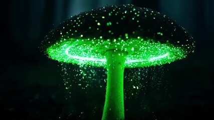 Aufkleber - Surreal glowing mushroom releasing glowing particles in dark forest. The particles are slowly falling down from the mushroom cap
