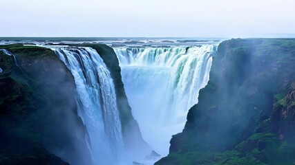 Poster - Powerful waterfalls cascade in slow motion, creating a mesmerizing scene. Mist rises from the gorge, enhancing the dreamlike atmosphere of this idyllic natural landscape