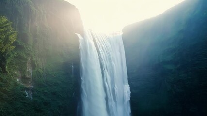 Aufkleber - Mesmerizing waterfall cascades down a verdant cliffside as a radiant sunbeam bathes the scene in an ethereal glow, creating a captivating and surreal visual experience
