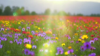 Poster - Light rays are bursting through the clouds over a colorful field of flowers. This surreal view inspires peace and tranquility