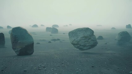 Poster - Surreal imagery showcases a large rock levitating above a misty beach, creating a mysterious atmosphere. Other rocks emerge in the distance, enhancing the dreamlike landscape