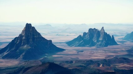 Aufkleber - Surreal desert landscapes morph and change, showcasing shifting perspectives of mountains beneath a hazy sky. Vivid colors and dramatic scenery create an otherworldly atmosphere