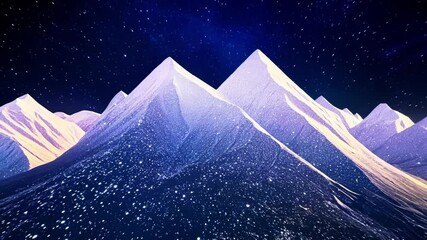 Poster - Snow is slowly falling over a purple and blue mountain landscape at night. The starry sky and snow create a surreal and magical atmosphere