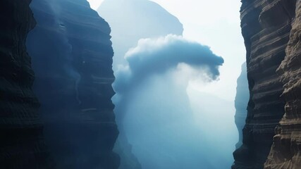 Poster - Surreal clouds transform shape in a narrow valley nestled between towering cliffs, creating an ethereal atmosphere that captivates with its unique and dreamlike qualities