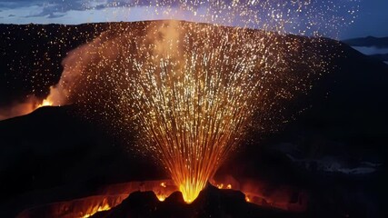 Poster - Surreal twilight scene showcases a volcano erupting, spewing molten lava and ash high into the sky. The dramatic display of fire and smoke highlights nature's raw power and beauty