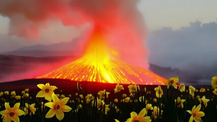 Poster - Volcano erupts behind a vibrant field of yellow flowers, creating a striking contrast between the serene beauty of nature and the powerful danger of a natural disaster