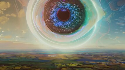 Poster - Giant, disembodied eye hangs in the sky, gazing down on a vast, colorful landscape. The eye seems to pulsate with an otherworldly energy