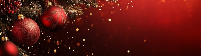 banner 32:9 red background with christmas decoration copy space