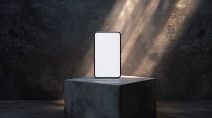 Leinwandbilder - A sleek smartphone stands upright on a gray stone pedestal, illuminated by soft beams of light from above. The surrounding dark backdrop enhances its design, creating a striking visual effect.
