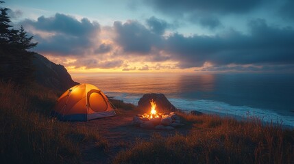 Poster - Golden light from the tent illuminates the area as a campfire crackles nearby. The setting sun casts a warm glow on the calm ocean waves, creating a serene atmosphere for relaxation.