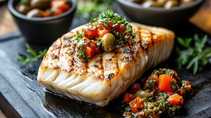 Wall Mural - A deliciously juicy cod steak, grilled to perfection and served with a bright and tangy