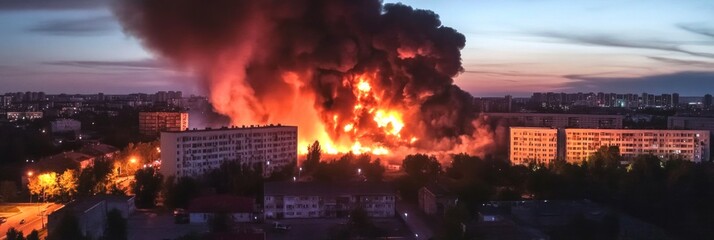 A dramatic scene of flames engulfing buildings at dusk. Smoke billows into the sky, showcasing the intensity of a fire disaster. This image captures urgency and chaos in urban life. AI