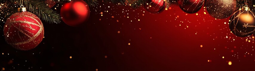 banner 32:9 red background with christmas decoration copy space