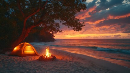 Poster - A cozy campsite features a bright tent and a campfire on the sandy beach as the sun sets, casting vibrant colors across the sky and reflecting on the water.