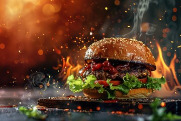 Wall Mural - A mouth-watering burger with crispy lettuce and tomato, with flames in the background creating a fiery ambiance