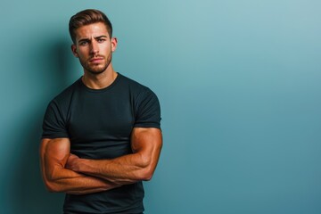 Wall Mural - cropped view of a smart, muscular man standing confidently, presenting with a fit body against a sol