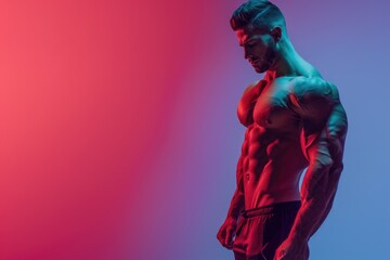 Wall Mural - fit man with a powerful physique and mental sharpness, standing against a solid color background, id