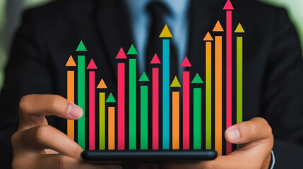  Business person evaluates metrics for charts and graphs with statistics to innovative analyze business potential and forecast future development of companies growth., setting goals for expansion.