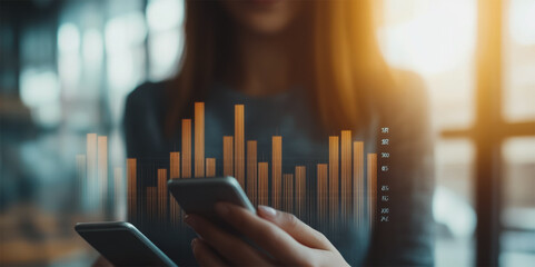 Business person evaluates metrics for charts and graphs with statistics to innovative analyze business potential and forecast future development of companies growth., setting goals for expansion.