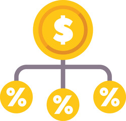 Poster - Large golden dollar coin is dividing into three smaller percentage symbol coins, symbolizing the concept of investment diversification