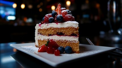 Wall Mural - A slice of layered cake with whipped cream and fresh berries on a white plate.