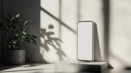 Poster - A sleek smartphone stands upright on a pedestal in a bright room, illuminated by natural light streaming through the window. A small potted plant adds a touch of greenery beside it.